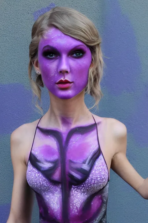 Image similar to purple Taylor Swift with purple face paint, purple body paint, purple dress
