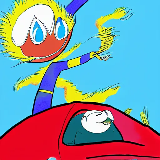 Image similar to dr. robotnik pins down the lorax on a blue bed, the lorax looks back up at him longingly, ms paint drawing, digital art