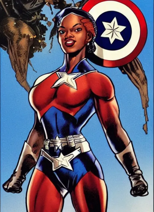 Image similar to beautiful black female captain america. afro - feminist captain america wins wwii. american wwii propaganda poster by james gurney, rob liefeld and pixar. gorgeous face. overwatch, realistic. black power