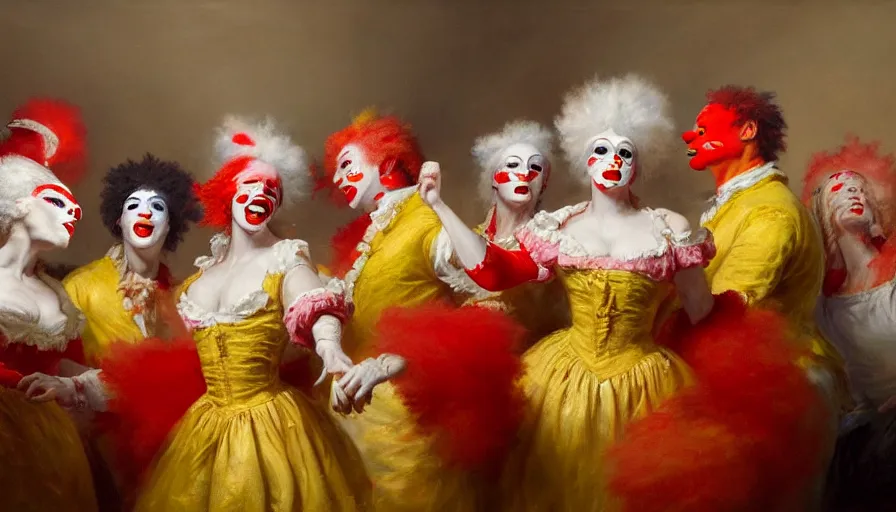 Image similar to highly detailed painting of a group of ronald mcdonalds with red afros, white facepaint, red noses and yellow waltzing gracefully at a prestigious event by william turner, by greg rutkowski, by william constable, thick brush strokes and visible paint layers, 4 k resolution