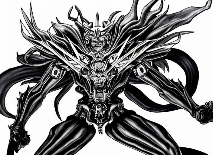 Image similar to shin megami tensei art of a demon car called black! volga!!, gaz!!!! car!!!!!!!!!!!!!!!!, vehicle, art by kazuma kaneko, demonic! compedium!, digital drawing, white background, high quality, highly detailed