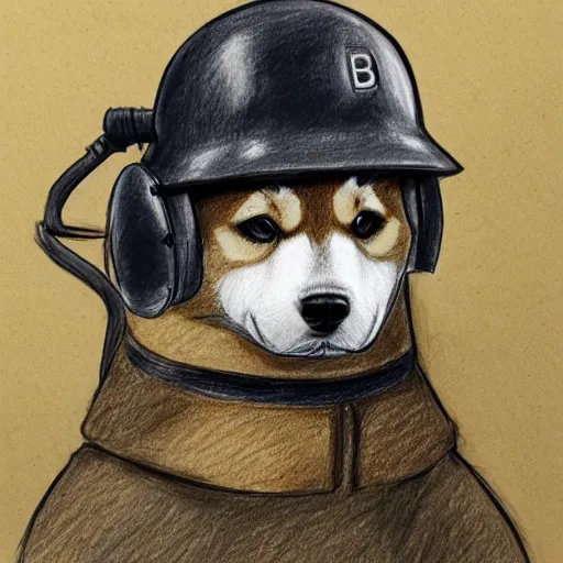 Prompt: A drawing of a Shiba Inu dog wearing a soldier's helmet, realistic, color