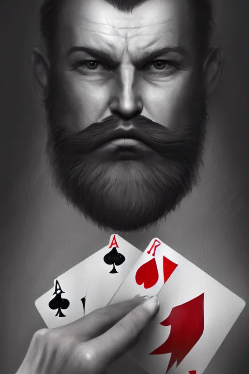 Image similar to neck bearded round face with no moustache, magician holding playing cards, realistic, modern, magicians eyes are covered with cloth, intricate, elegant, highly detailed, digital painting, artstation, concept art, addiction, chains, smooth, sharp focus, illustration, art by ilja repin