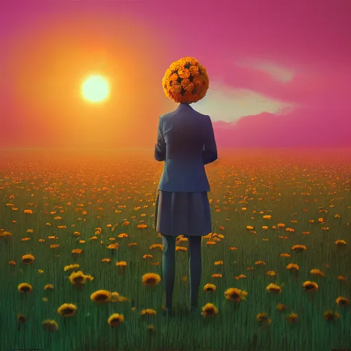 Image similar to giant daisy flower head, frontal, girl in a suit, surreal photography, sunrise, dramatic light, impressionist painting, digital painting, artstation, simon stalenhag