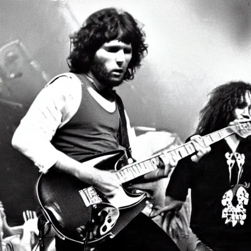 Image similar to Jim Morrison and Thundercat playing music together on stage at Woodstock