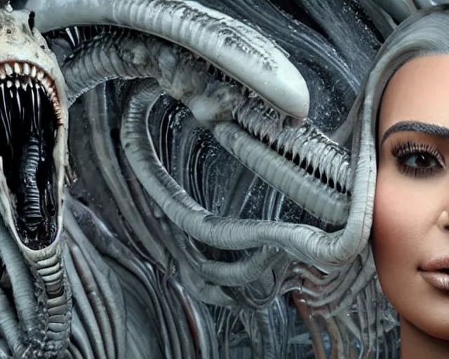 Image similar to film still of kim kardashian being fed by an xenomorph slathered in a transparent alien liquid, wet flowing hair, gooey skin, illustration, unreal engine 5, 8 k, directed by h. r. giger.