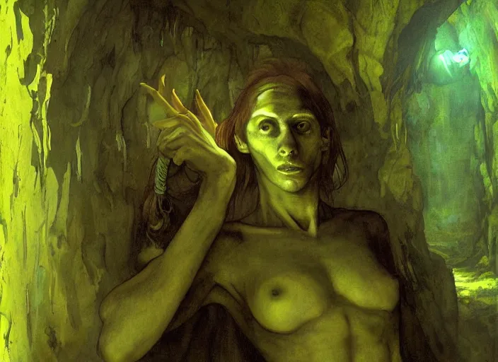 Prompt: underground cavern. troglodyte spy. the slouched, green skinned creature blends into the shadows of the passage, its eyes glowing a sickly yellow. edgar maxence and caravaggio and michael whelan and delacroix style, artistic, intricate painting, cinematic lighting, hyper realistic, extremely detailed, vivid colors, establishing shot, dramatic lighting.