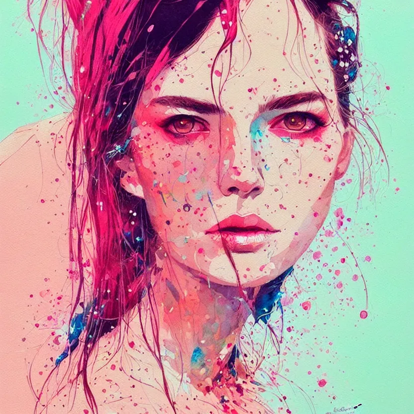 Image similar to close up portrait painting of a female in nineties street styling, concept art, intricate details, aesthetically pleasing pastel colors, art by conrad roset, impressionism, watercolor, portrait