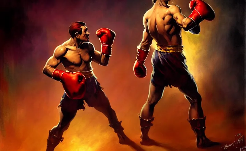 Image similar to magic : the gathering fantasy character concept art by frank frazetta and marco bucci, high resolution. a clear portrait of an anthropomorphic toast character wearing boxing trunks and boxing gloves, gritty basement club background, dramatic stadium lighting, fantasy coloring, intricate, digital painting, artstation, smooth, sharp focus