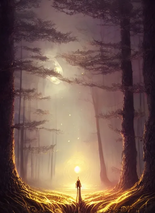 Image similar to fantasy book cover, full moon, fantasy forest landscape, golden elements, fantasy magic, dark light night, intricate, elegant, sharp focus, illustration, highly detailed, digital painting, concept art, matte, art by WLOP and Artgerm, Unsplash, masterpiece