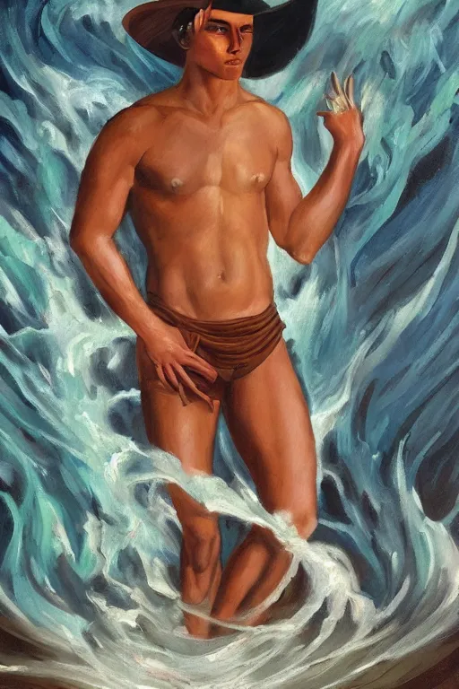 Prompt: a dramatic, epic art deco painting of a handsome brown shirtless cowboy glowing with a mysterious aura | background is a torrential flooding river | tarot! card, art deco, art nouveau | by Mark Maggiori | trending on artstation