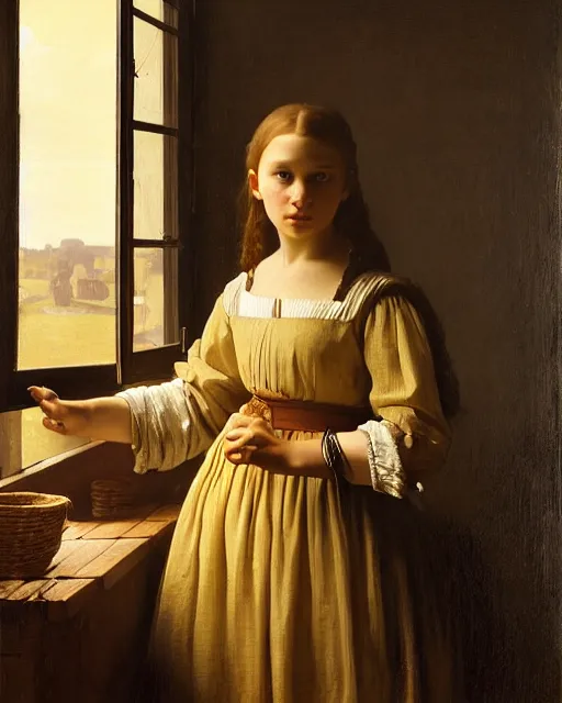 Prompt: a window - lit realistic portrait painting of a thoughtful girl resembling a young, shy, redheaded alicia vikander or millie bobby brown wearing peasant clothes by an open window, highly detailed, intricate, by vermeer, and william bouguereau