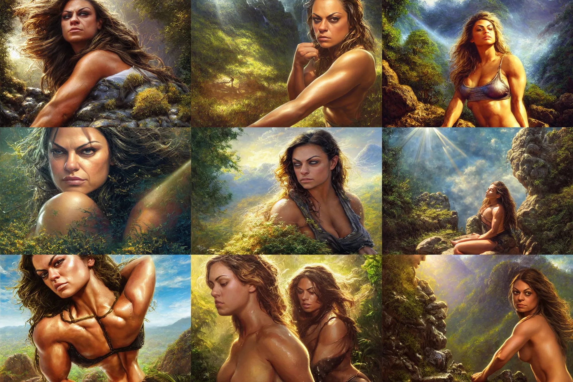 Prompt: portrait of muscled Mila Kunis with golden hair resting on a rock, golden hour sun down, rain forest, sun ray prisms through wind swept saturated pollen, intricate, highly detailed, epic vista, very crispy, Ralph Horsley, Daniel F. Gerhartz, Artgerm, Boris Villajo, Lilia Alvarado