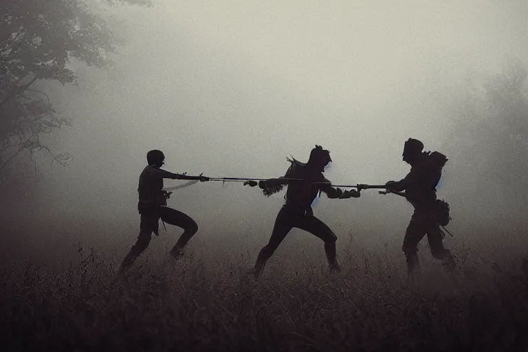 Prompt: two silhouettes fighting each other on foggy moody battlefield, photorealistic, bokeh, by greg rutkowski