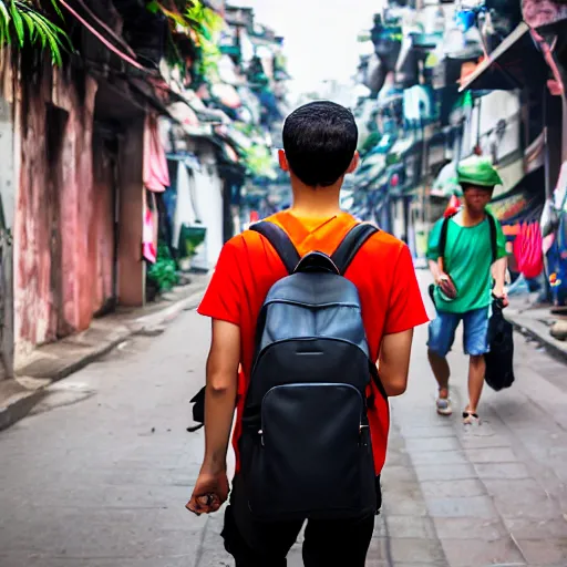 Image similar to 20 year old male American tourist wearing a backpack walking through hanoi as a Vietnamese propaganda poster. 8k resolution.