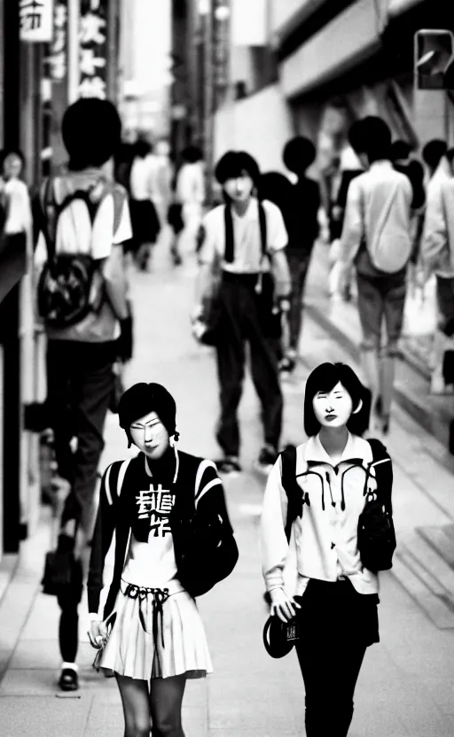 Prompt: japanese teenagers male and female, street photography in the 8 0 s, economic boom, punks, highly realistic, photography, highly detailed, cinematic lighting, tokyo, fashion, wearing sony walkman and headphones