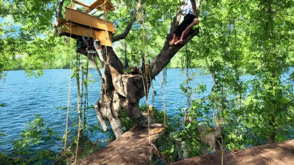 Image similar to a nice rope swing out of a tree house into the lake, and my dog did it better than all of us