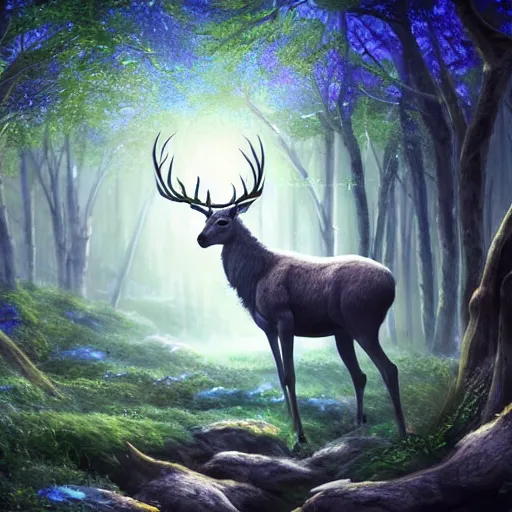 Image similar to beautiful elven celestial stag. beautiful highly detailed forest background. green and blue light. accurate, sci - fi concept art, intricate, elegant, trending on art station 8 k rendering.