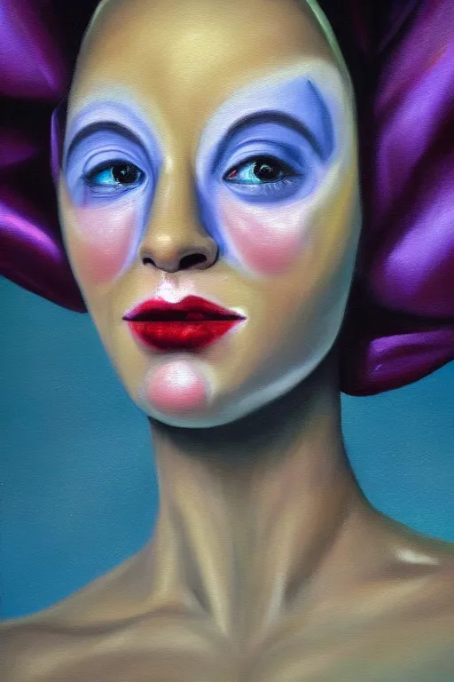 Image similar to hyperrealism oil painting, close - up portrait of commedia dell'arte fashion woman model, gradient mixed with nebula sky, in style of baroque