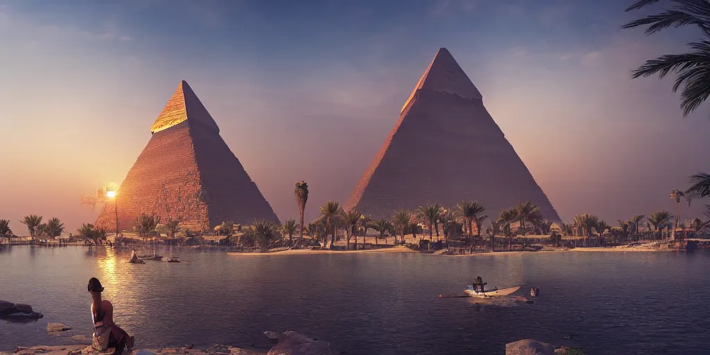 Image similar to beautiful egypt landscape, environment, lake, film, dramatic, cinematic, highly detailed, mid day, large scale, hyperrealistic, realistic lighting, octane render, by wlop, artgerm, trending on artstation hd, 8 k, clear, sharp