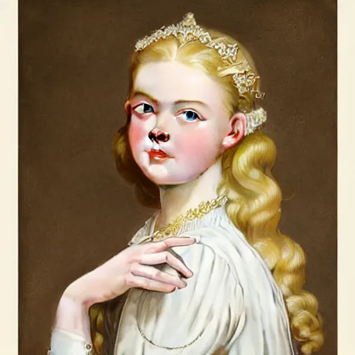 Image similar to Painting of Elle Fanning as a princess, long blonde hair, delicate, pale milky white porcelain skin, by Leyendecker and Norman Rockwell