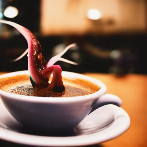 Prompt: a squid swimming in a cup of coffee, professional photography