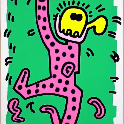 Image similar to happy cat with ball, keith haring,