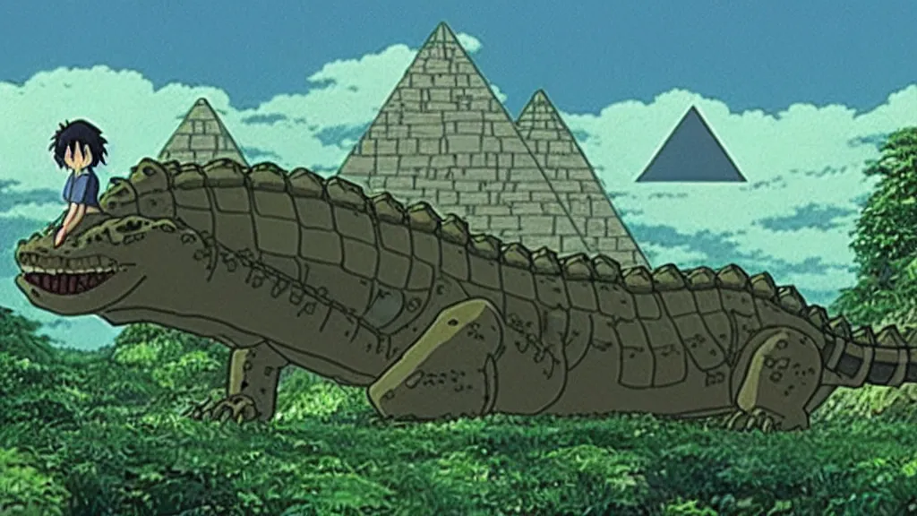 Image similar to a movie still from a studio ghibli film showing a giant mechanized crocodile from howl's moving castle ( 2 0 0 4 ). a pyramid is under construction in the background, in the rainforest on a misty and starry night. a ufo is in the sky. by studio ghibli