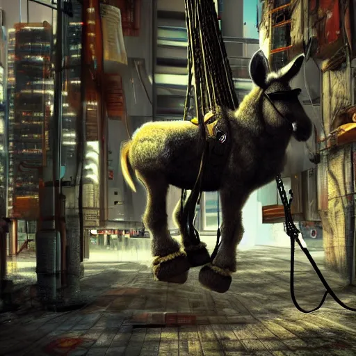 Prompt: donkey riding in a swing, cyberpunk style