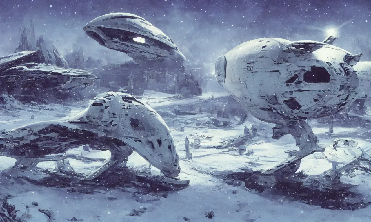 Image similar to remains of a derelict spaceship covered in snow on a frozen alien world, science-fiction, cinematic lighting, cinematic angle, Syd Mead, Federico Pelat, daylight, blue sky, spaceship in the sky