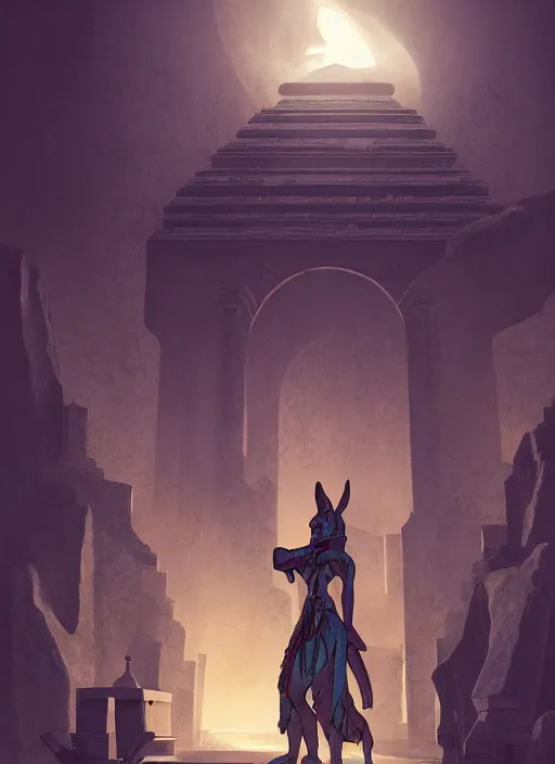 Prompt: anubis guarding the entrance to the mausoleum, concept art, digital illustration, trending on artstation, deviantart, artgerm, epic composition, masterpiece, highly detailed, advanced technique, realistic, ambient lighting, wlop, ross draws