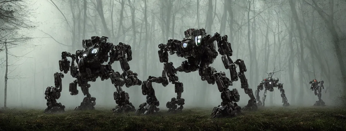 Prompt: image of terrific and creepy gigantic 8 - leg spider mech robot with volumetric lights, running and hunting remaining humans, hiding in a heavy rainy post - apocalyptic forest, high detail, dramatic moment, motion blur, ground fog, dark atmosphere, saturated colors, by james paick, render unreal engine - h 7 0 4