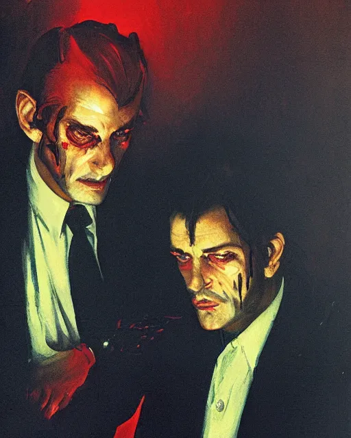 Image similar to two handsome but sinister men wearing oxford shirts in layers of fear, with haunted eyes, 1 9 7 0 s, seventies, wallpaper, a little blood, morning light showing injuries, delicate embellishments, painterly, offset printing technique, by brom, robert henri, walter popp