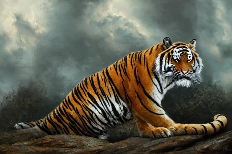 Prompt: tiger, oil on canvas, intricate, portrait, 8k highly professionally detailed, HDR, CGsociety, illustration painting by Mandy Jurgens and Małgorzata Kmiec and Dang My Linh and Lulu Chen and Alexis Franklin and Filip Hodas and Pascal Blanché and Bastien Lecouffe Deharme, detailed intricate ink illustration, heavenly atmosphere, detailed illustration, hd, 4k, digital art, overdetailed art, concept art, complementing colors, trending on artstation, Cgstudio, the most beautiful image ever created, dramatic, subtle details, illustration painting by alphonse mucha and frank frazetta daarken, vibrant colors, 8K, style by Wes Anderson, award winning artwork, high quality printing, fine art, gold elements, intricate, epic lighting, very very very very beautiful scenery, 8k resolution, digital painting, sharp focus, professional art, atmospheric environment, art by artgerm and greg rutkowski, by simon stålenhag, rendered by Beeple, by Makoto Shinkai, syd meade, 8k ultra hd, artstationHD, 3d render, hyper detailed, elegant, by craig mullins and marc simonetti, Ross Tran and WLOP, by Andrew Wyeth and Gerald Brom, John singer Sargent and James gurney