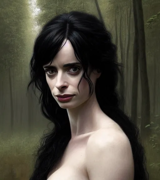 Image similar to 5 5 mm close up portrait photo of krysten ritter as yennefer of vengerberg in black leather armor and long black puff hair, in a forest. magical atmosphere. art by greg rutkowski. lifelike. very detailed 8 k. intricate. soft light. nikon d 8 5 0.