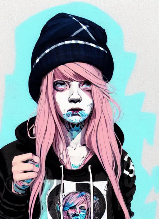 Prompt: highly detailed portrait of an american sewer punk lady student, blue eyes, tartan hoody, hat, white hair by atey ghailan, by greg tocchini, by kaethe butcher, by james gilleard, gradient pink, black, brown, cream and light blue color scheme, grunge aesthetic!!! ( ( graffiti tag wall ) )