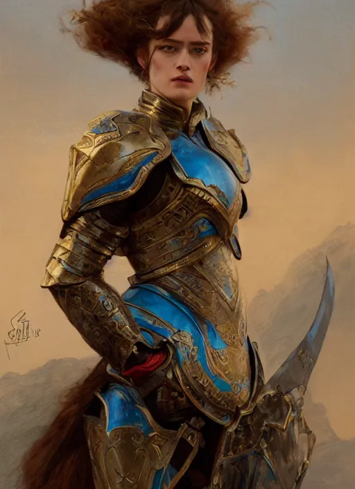 Image similar to mackenzie davis blue eyed, femenine woman, wearing armour, detailed by gaston bussiere, bayard wu, greg rutkowski, maxim verehin, greg rutkowski, masterpiece, sharp focus, cinematic lightning