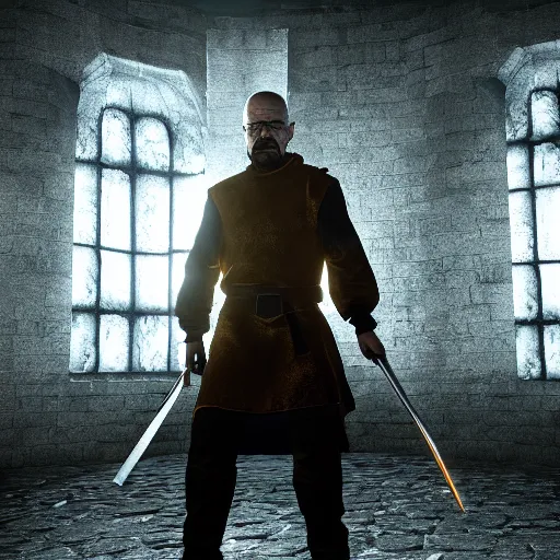 Prompt: Walter White in Dark Souls, Unreal Engine, 8k, dramatic lighting, professional render