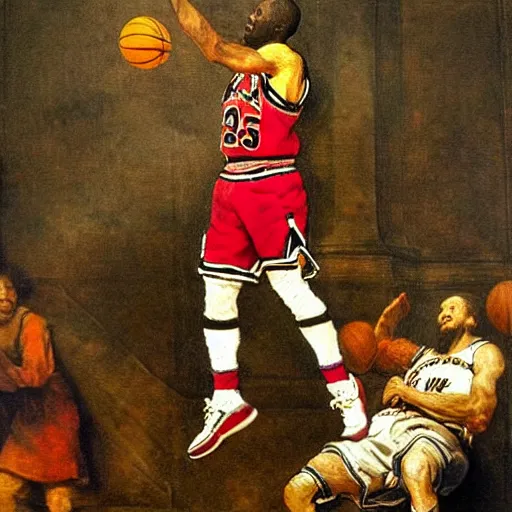 Prompt: Rembrandt painting of Michael Jordan dunking a basketball