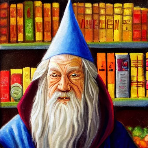 Image similar to oil painting of Gandalf wearing wizard hat, stacking supermarket shelves, depressing, sadW 704