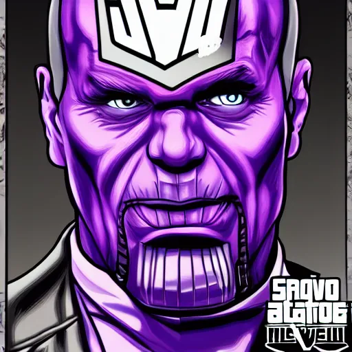 Image similar to president thanos black and white cell shaded digital artwork in the style of grand theft auto five cover art