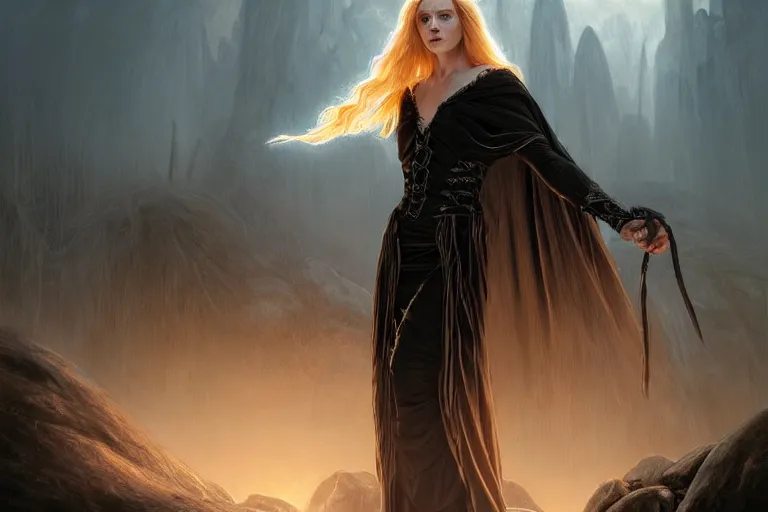 Prompt: mage conjuring a army of the dead, blonde braided hair mage wearing gothic robe, dark mountain, movie action still frame, wide horizon, intricate, elegant, highly detailed, hyper realistic, digital painting, concept art, smooth, sharp, focus, illustration, art by artgerm, greg rutkowski, ilya kuvshinov, alphonse mucha