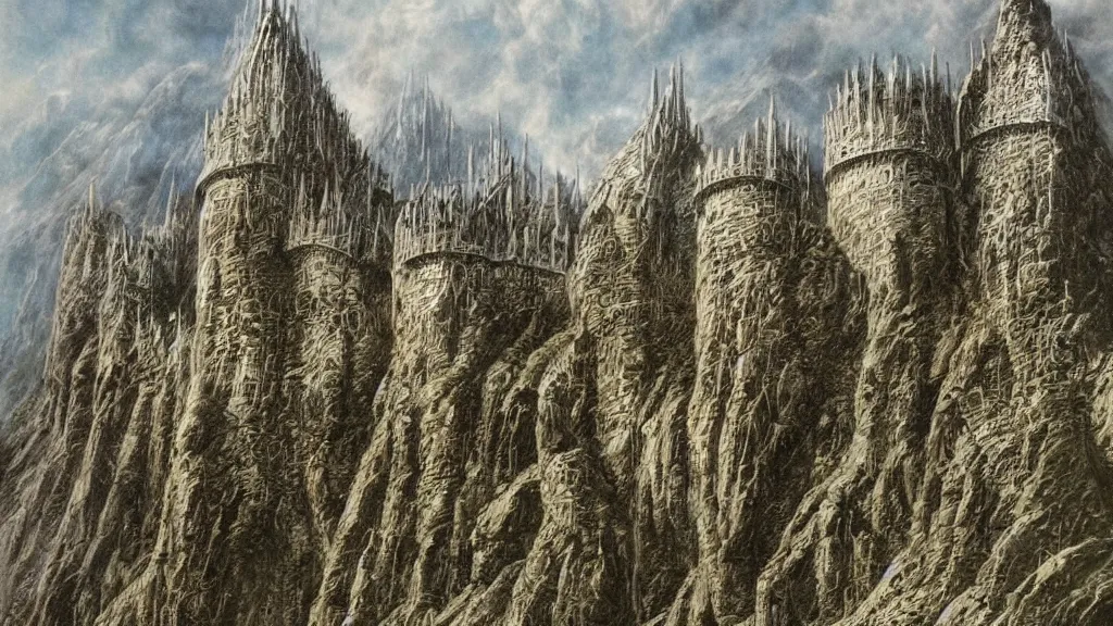 Prompt: beautiful helms deep, by alan lee, intricate, lord of the rings calendar, smooth, detailed terrain, oil painting, high detail, trending artstation, concept art