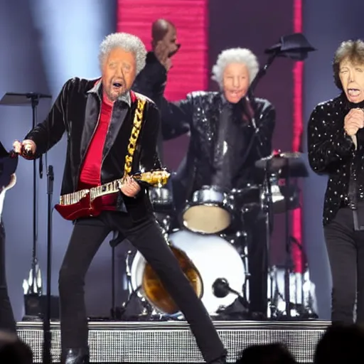 Prompt: tom jones singing with the rolling stones having a nightmare on elm street chased by a fire