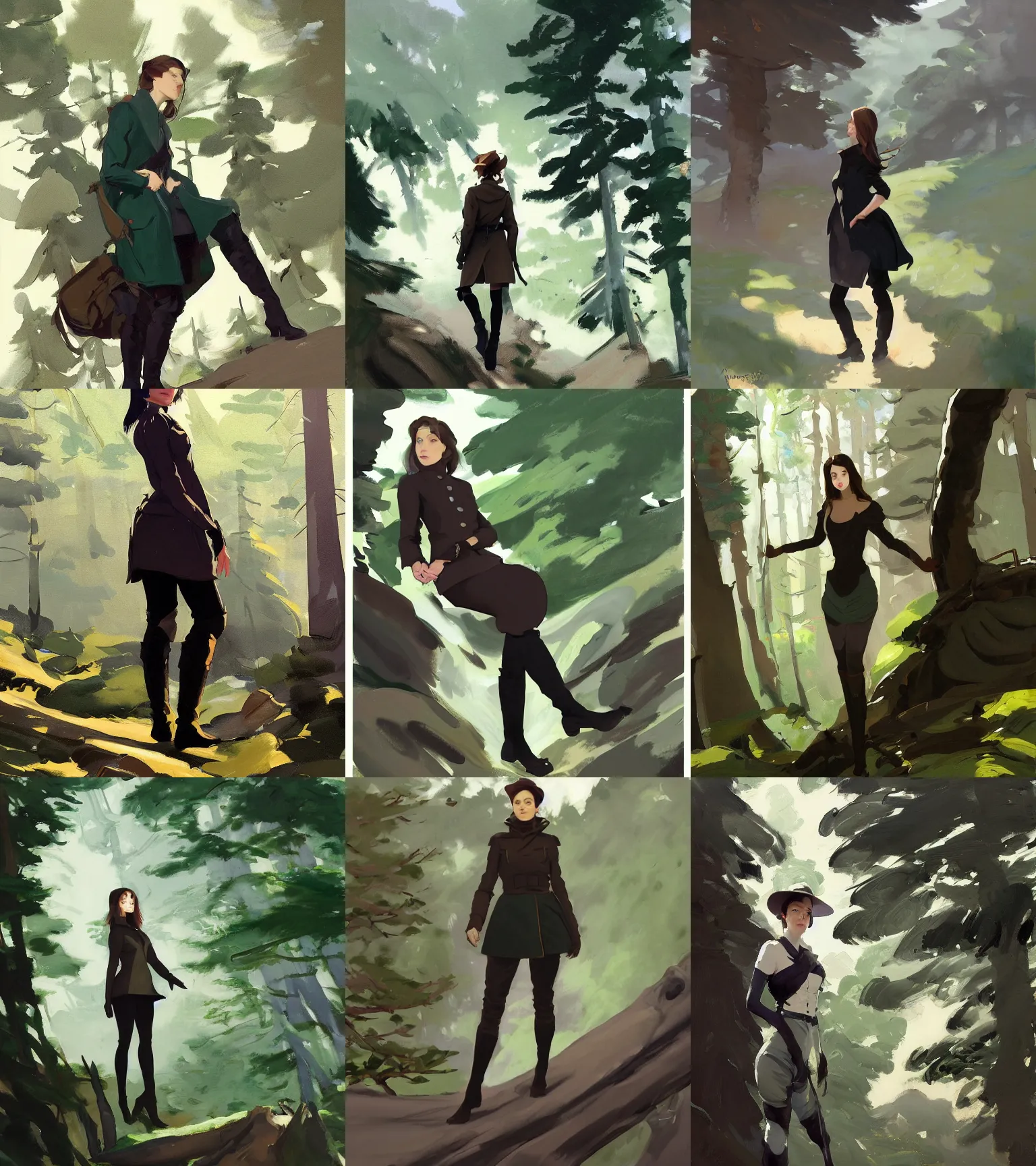 Prompt: black green brown white cloth fabric jodhpurs knee high boots travel coat fashion, solo hiking in mountains trees, greg manchess painting by sargent and leyendecker, studio ghibli, fantasy, asymmetrical, intricate, elegant, matte painting, illustration, hearthstone, by greg rutkowski, by greg tocchini, by james gilleard, by joe fenton