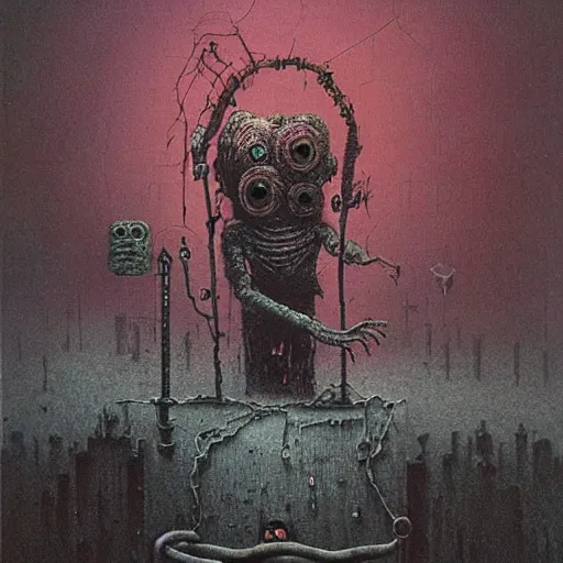 Image similar to batteryman micro - cell beksinski, eldritch, apocalypse, creepy creature, horror spooky