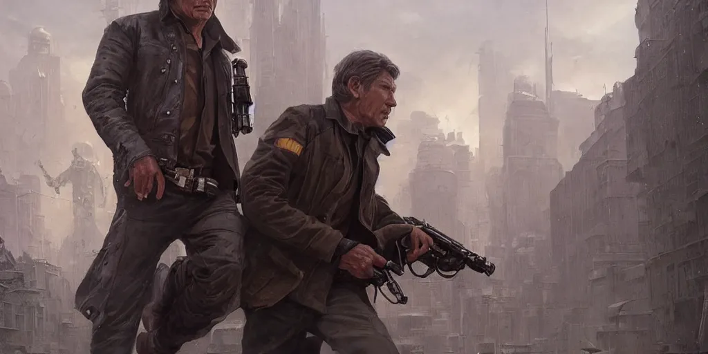 Image similar to a highly detailed epic cinematic concept art CG render digital painting artwork: wide shot of Soviet dieselpunk Han Solo played by Harrison Ford directed by David Fincher. By Greg Rutkowski, Ilya Kuvshinov, WLOP, Stanley Artgerm Lau, Ruan Jia and Fenghua Zhong, trending on ArtStation, subtle muted cinematic colors, made in Maya, Blender and Photoshop, octane render, excellent composition, cinematic atmosphere, dynamic dramatic cinematic lighting, precise correct anatomy, aesthetic, very inspirational, arthouse