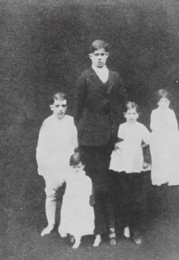 Image similar to photo taken in the 1 9 1 0's, full body view, family pictures with ghost children semi - visible