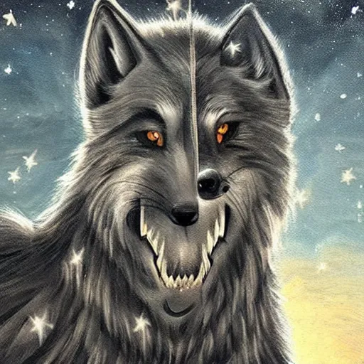 Prompt: a celestial wolf with a gaping maw filled with stars in the style of the old masters gloomy oil painting elegant beautiful character art