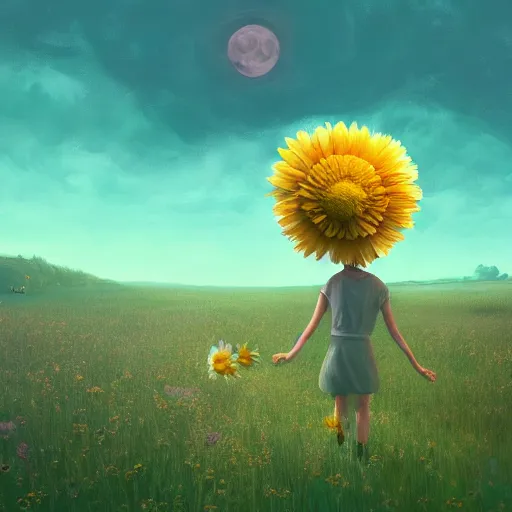 Image similar to giant daisy flower as a head, girl walking in field, surreal photography, moon light, dark night, dramatic, impressionist painting, clouds, digital painting, artstation, simon stalenhag